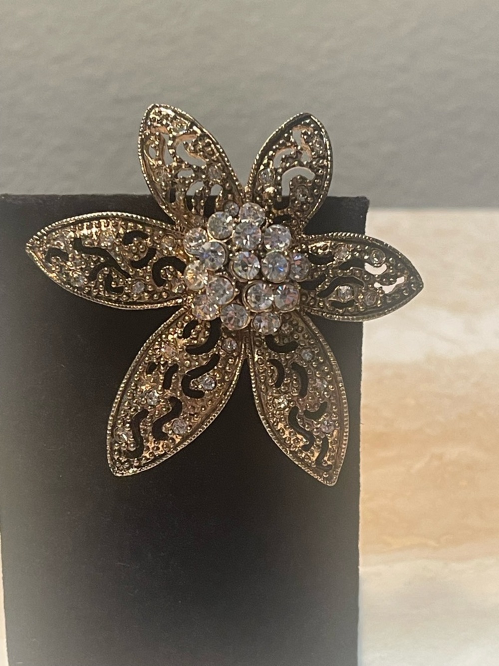 Vintage Gold Tone Filigree Six Petal Flower Brooch Clear Rhinestone Center
